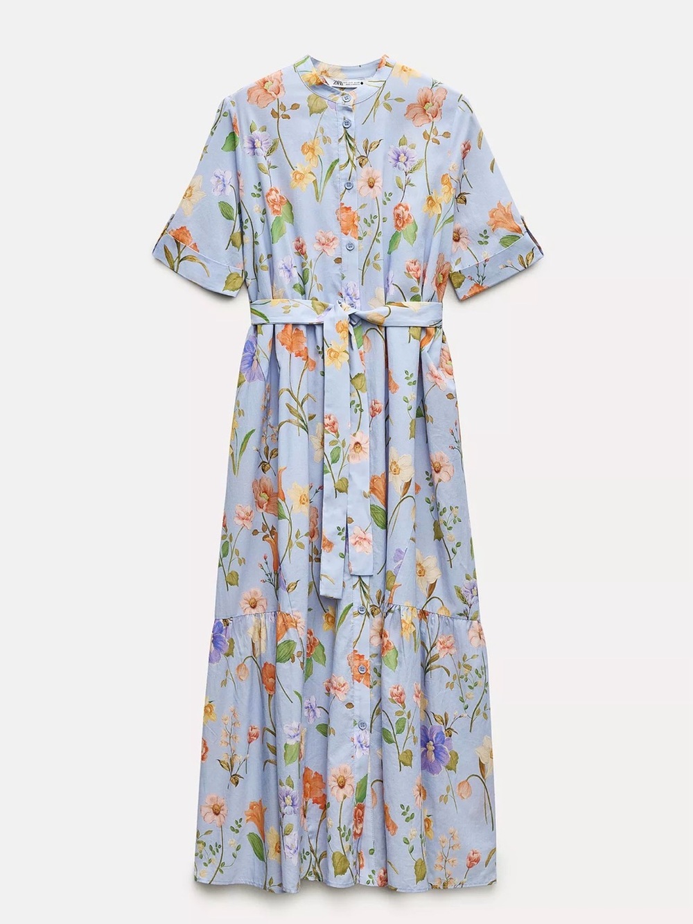 Zara Floral Button-Front Maxi Dress with Tie Belt - Light Blue